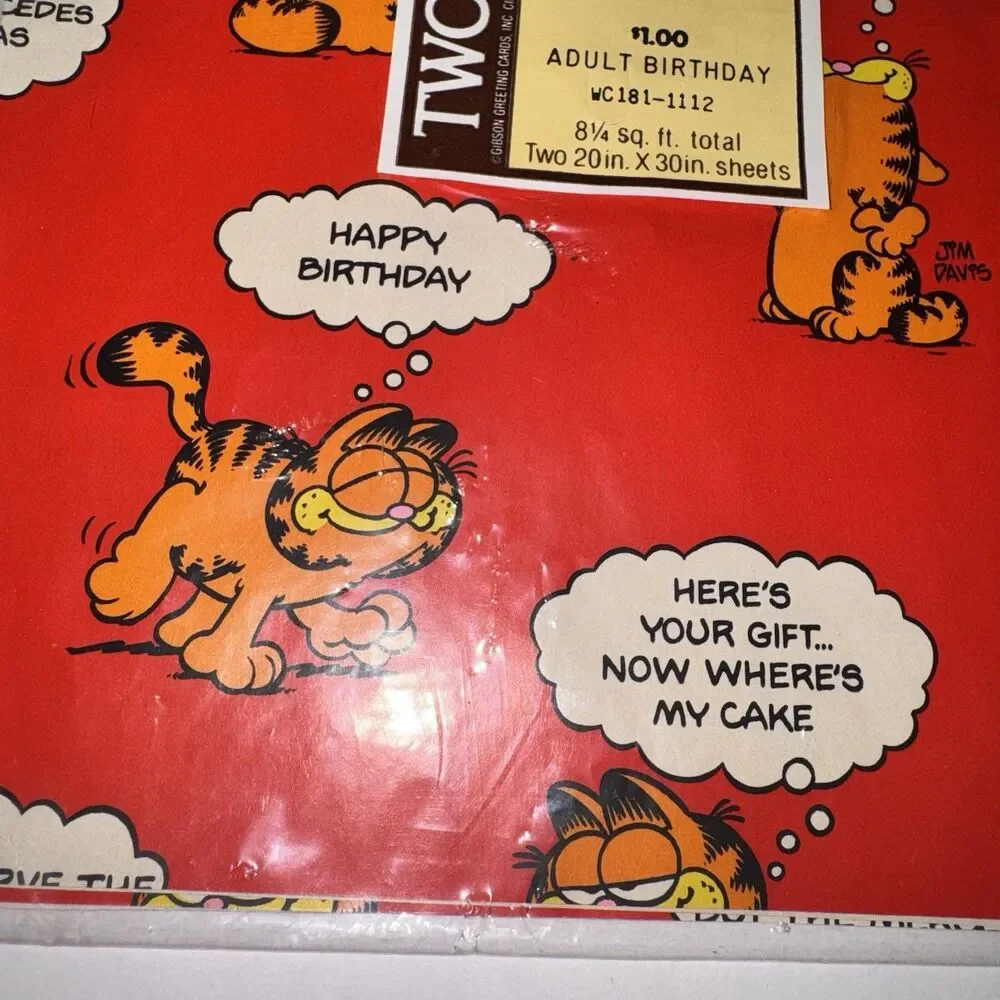 Vintage Garfield Birthday Gift Wrap Sealed 1978 Jim Davis Gibson Paper